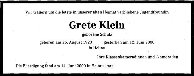 Schulz Grete 1923-2000 Todesanzeige